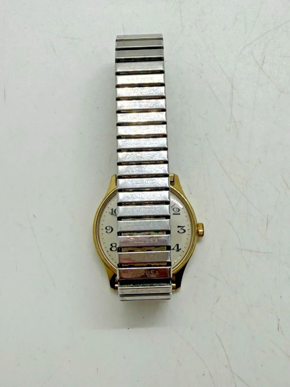 Vtg Timex Men's Two Tone Watch White Face Black Gold Stretch Spiedel Bracelet